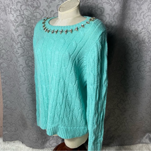 Lilly Pulitzer Dario Embellished Cable-Knit Aqua color Sweater.  Sz XL - Picture 7 of 12